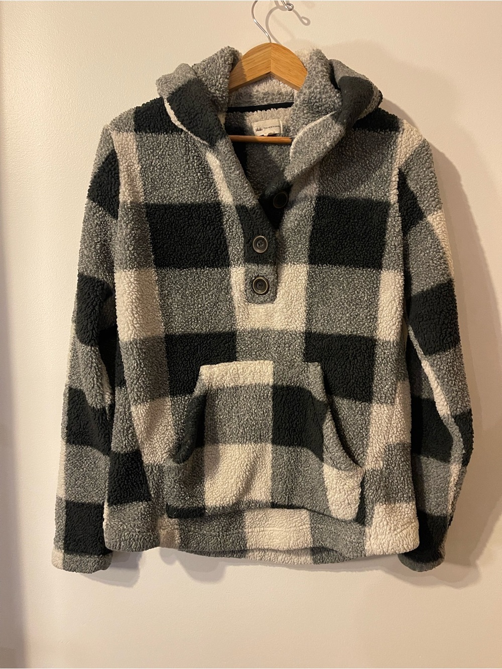 True North Denim Black Buffalo Plaid Faux Sherpa Hooded Pullover L